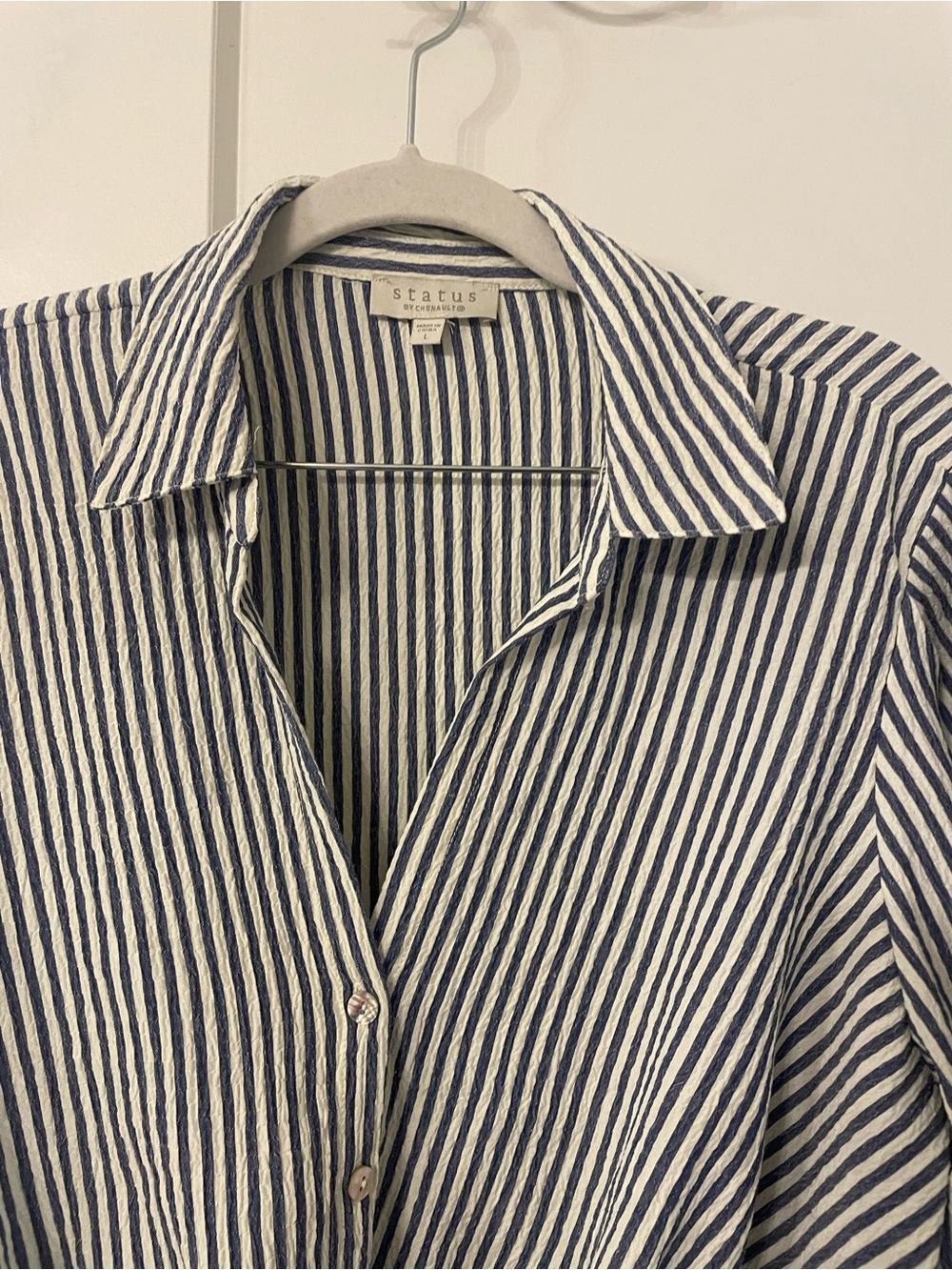 Chenault Navy & White Striped Twist-Front Button Down Shirt - Picture 2 of 7